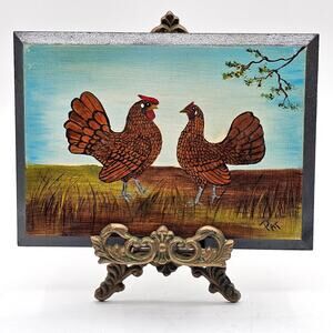 Hand-Painted Red Rooster & Chicken Farmhouse Wall Art - 5x7 Wood Artist Signed